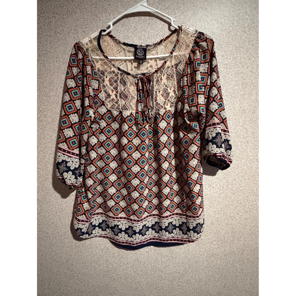 Bobeau Petite Womens Geometric Lace Yoke Blouse Orange Navy Blue PM 3/4 Sleeve